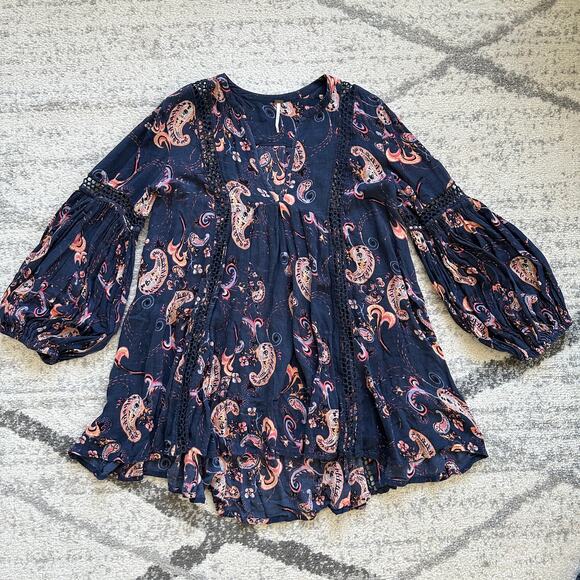 Free People Just The Two Of Us Paisley Blue Tunic Top Dress Size S - Picture 7 of 12